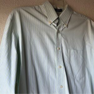 KIRKLAND SIGNATURE Non-Iron Light Green, Blue, & White Pin Striped Dress Shirt